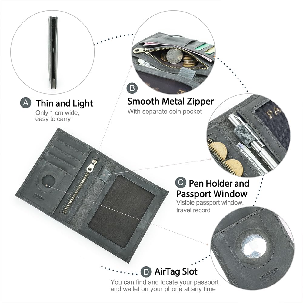 CONTACTS Full Grain Leather Rfid Passport Wallet for Airtag Passport Holder (Gray / Plain- Classic)
