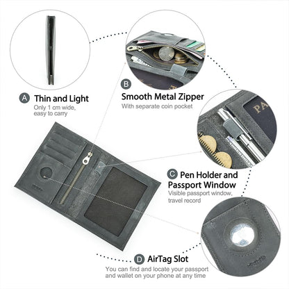 CONTACTS Full Grain Leather Rfid Passport Wallet for Airtag Passport Holder (Gray / Plain- Classic)