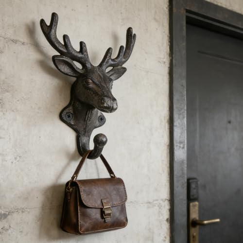 Rustic Deer Head Cast Iron Wall Hooks 2 Pack