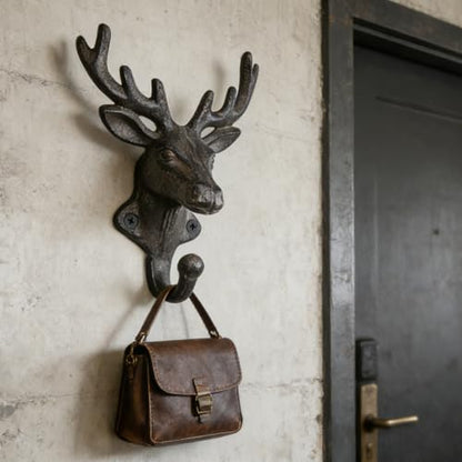 Rustic Deer Head Cast Iron Wall Hooks 2 Pack