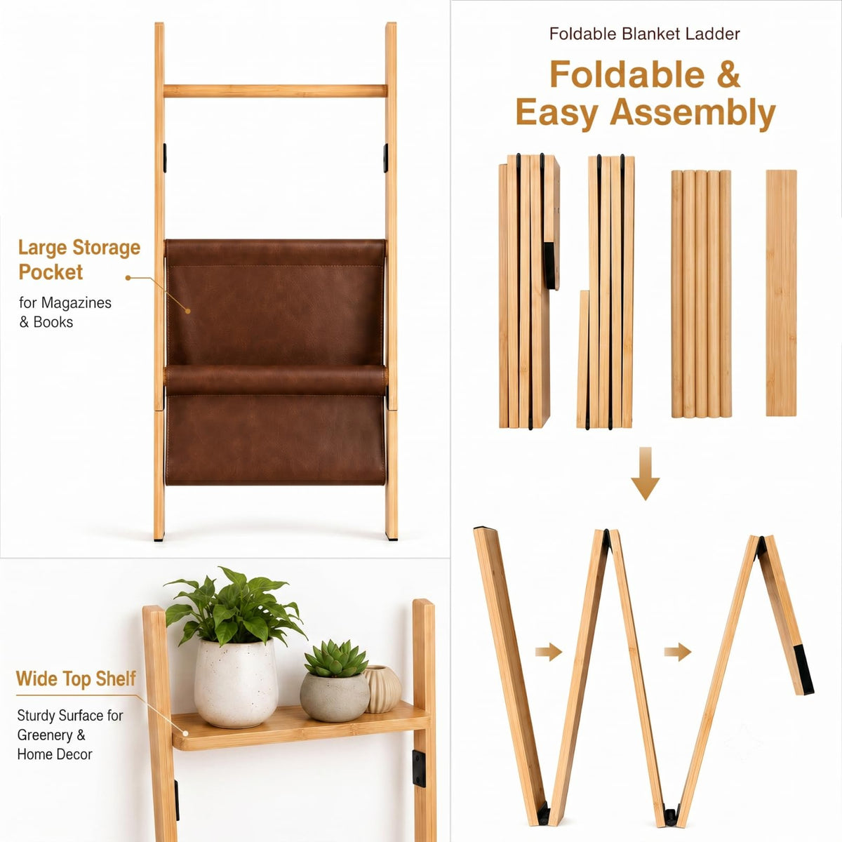 71" 4-in-1 Blanket Ladder for Living Room, 5-Tier Leaning Bamboo Decorative Towel & Quilt Rack with Magazine Leather Pocket, 4 Detachable Hanging Bars, Space-Saving Shelf for Bedroom (Natural) (Natural)