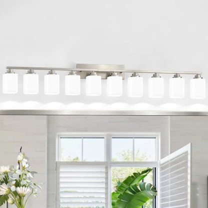 Brushed Nickel Bathroom Light Fixtures (Nickel-White Shade / 10-Light)