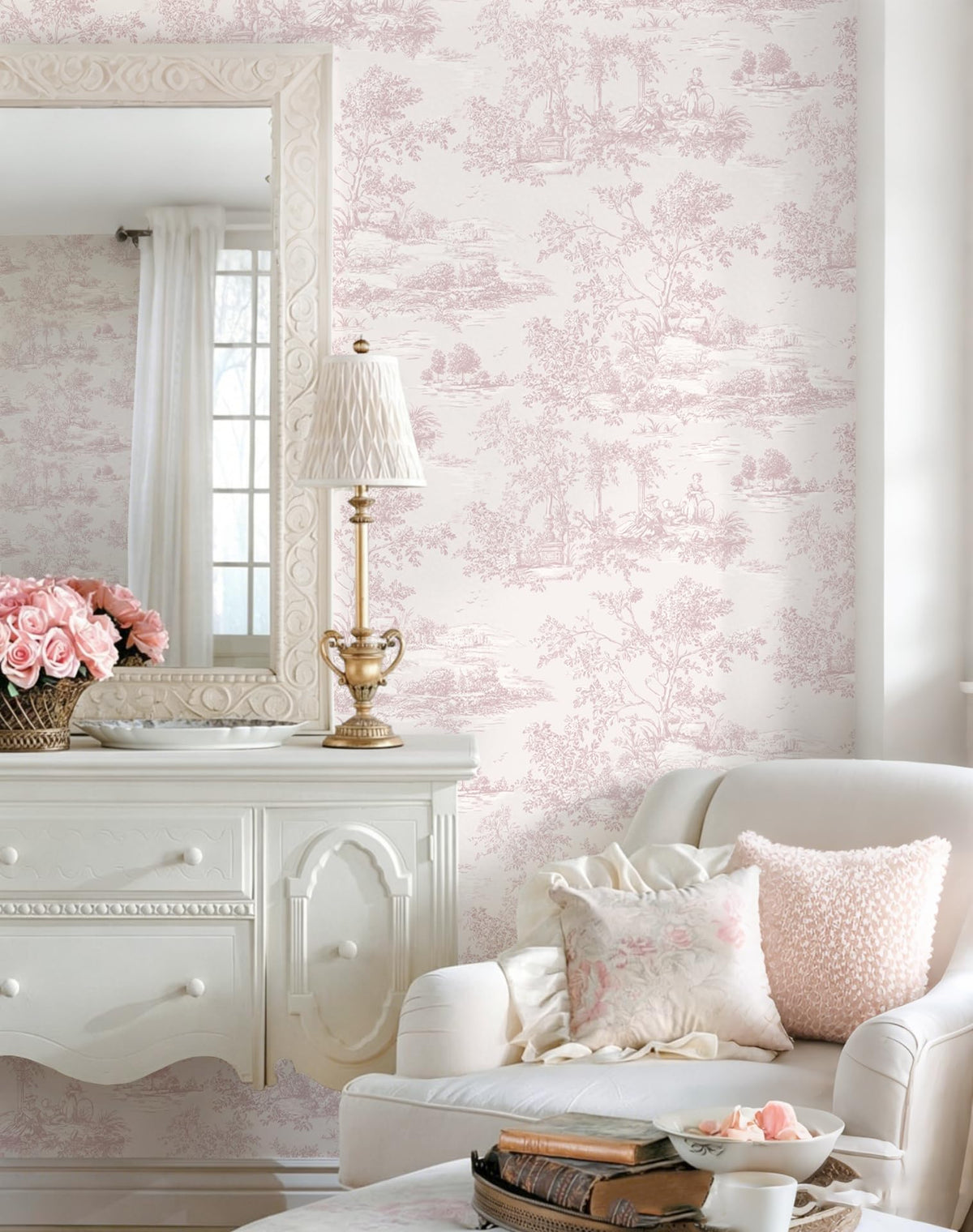 Peel and Stick Wallpaper Vintage Wallpaper Pink Removable Wall Paper Toile Self (Pink / 17.3" x 196.8")