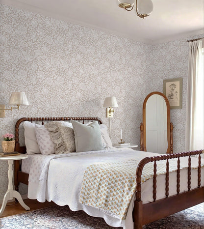 Beige Floral Peel and Stick Wallpaper William Morris Contact Paper (Beige / 17.3" x 78.7")