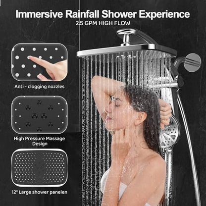 12 Inch High Pressure Rain Shower Head with Handheld Spray Combo (Chrome)