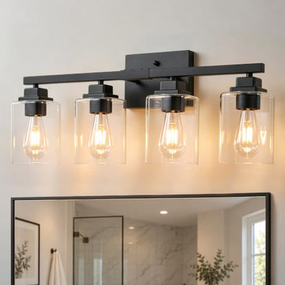 Matte Black Bathroom Light Fixtures (Black-Clear Shade / 4-Light)