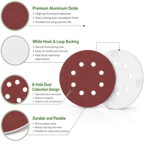 100 Pcs 5 Inch 8 Hole Sanding Discs