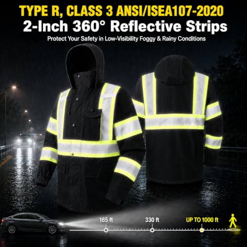 Rain Jacket Men Hi Vis Rain Coats Reflective Raincoat High Visibility Work Suits for Men Women Waterproof （RS250 (XX-Large / Black)