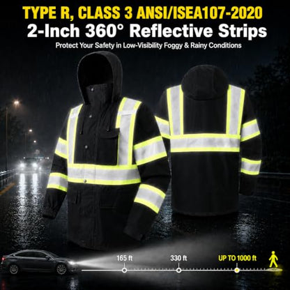 Rain Jacket Men Hi Vis Rain Coats Reflective Raincoat High Visibility Work Suits for Men Women Waterproof （RS250 (XX-Large / Black)