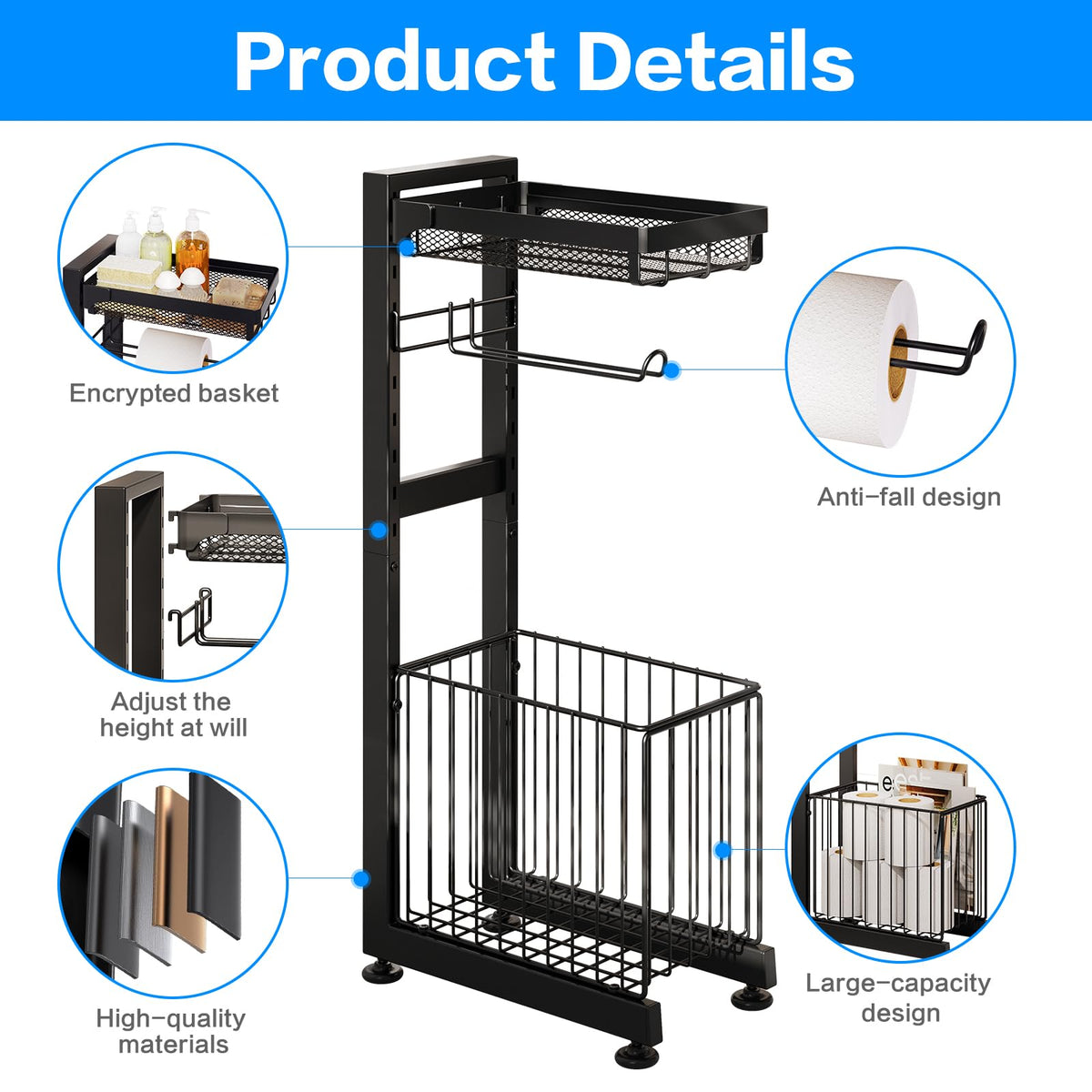 Toilet Paper Holder Stand with Storage Shelf (Black Gray)