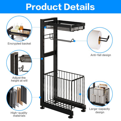 Toilet Paper Holder Stand with Storage Shelf (Black Gray)