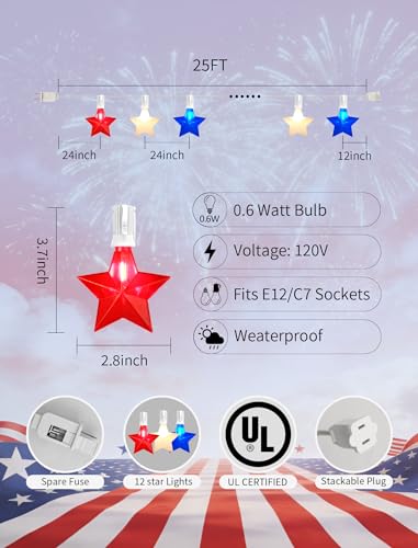 25FT Red White and Blue LED Star Lights (Red White Blue Star Lights / 25FT)