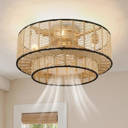 20" Rattan Boho Caged Ceiling Fan with Light Flush Mount and Remote