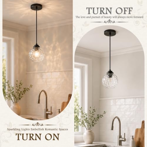 6" Modern Pendant Lights Kitchen Island Black Mid Century Modern Pendant Light Fixtures with Clear Glass Globe 2 Pack Modern Hanging Pendant Light for Bathroom Dining Room （Bulb Incl.） (Black & Hammered Glass / 6 Inch)