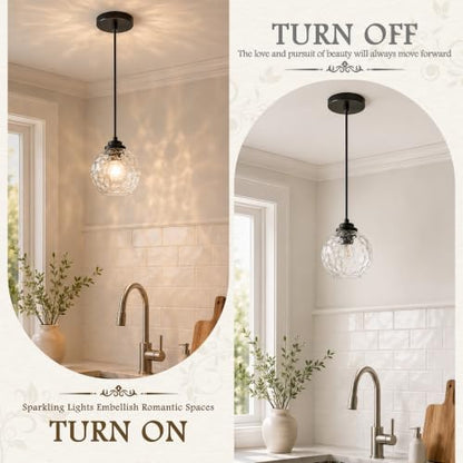 6" Modern Pendant Lights Kitchen Island Black Mid Century Modern Pendant Light Fixtures with Clear Glass Globe 2 Pack Modern Hanging Pendant Light for Bathroom Dining Room （Bulb Incl.） (Black & Hammered Glass / 6 Inch)