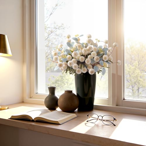 16Pcs Faux Silk Mums Artificial Flowers with Eucalyptus White (White)