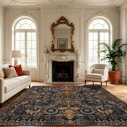 Washable Area Rug 8×10 Ultra Soft for Living Room (Black and Gold / 8' x 10' (Rectangular))
