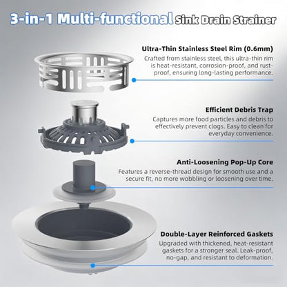 3 in 1 Kitchen Sink Drain Strainer (Brushed Stainless Steel)