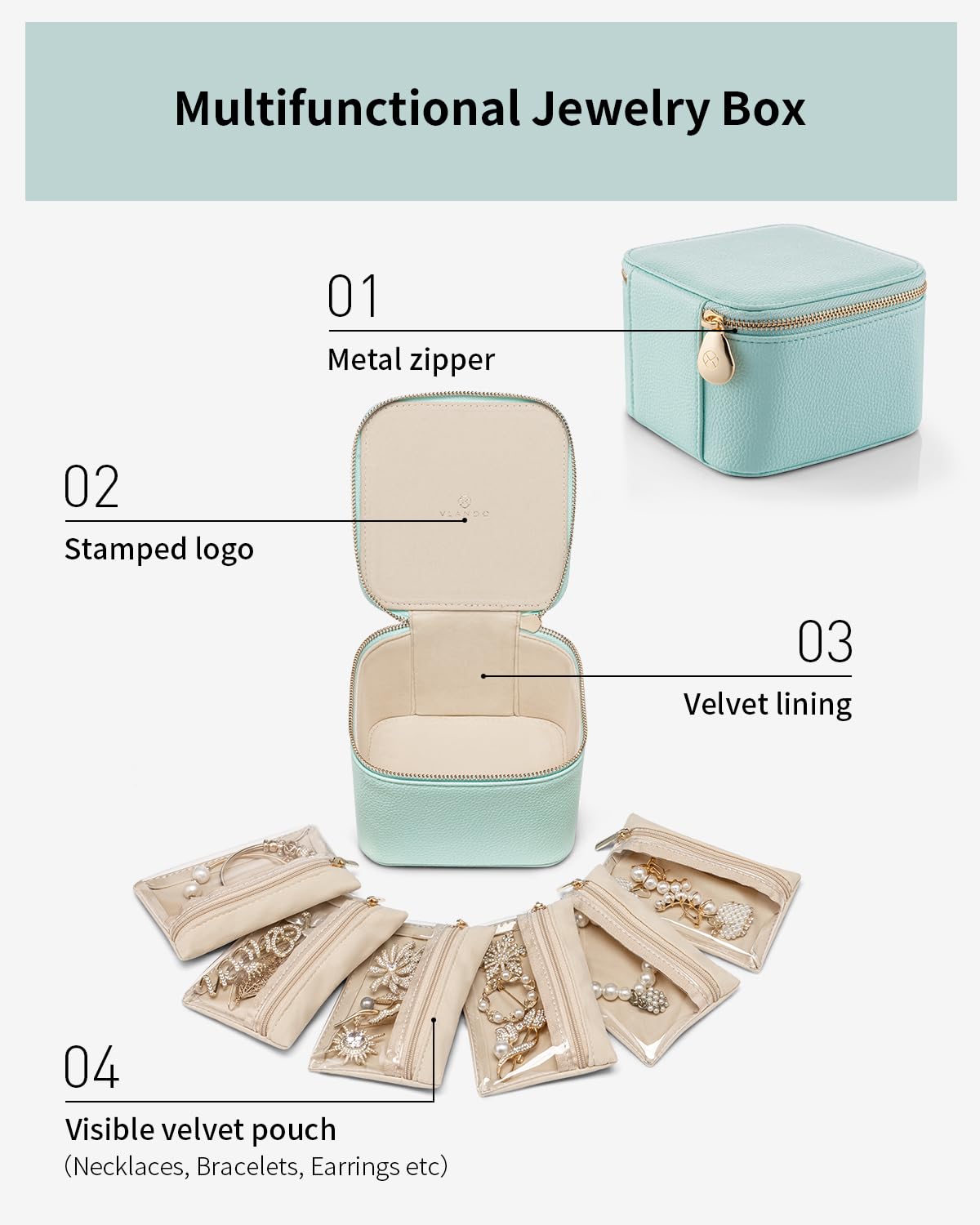 Jewelry Box with 6 Clear Velvet Zipper Pouches (E.6 PCS Lake Blue)