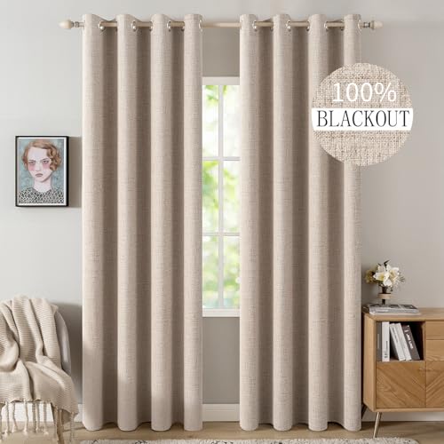 100% Blackout Linen Curtains for Bedroom 52x108 Inches Natural Beige (Beige / 52"W x 108"L (Pack of 2))