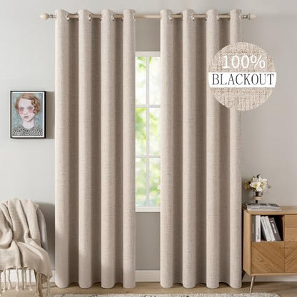100% Blackout Linen Curtains for Bedroom 52x108 Inches Natural Beige (Beige / 52"W x 108"L (Pack of 2))