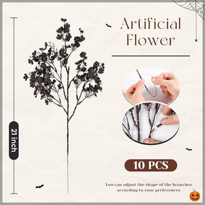 10Pcs Halloween Flowers Artificial Floral Stems for Gothic Decor (Black)