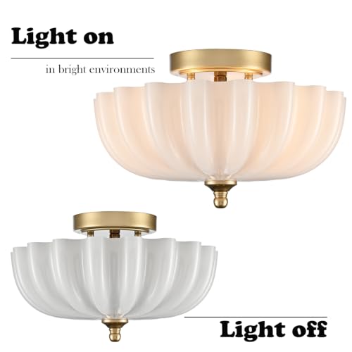 Modern Brass Semi Flush Mount Ceiling Light with Milky Glass Shade