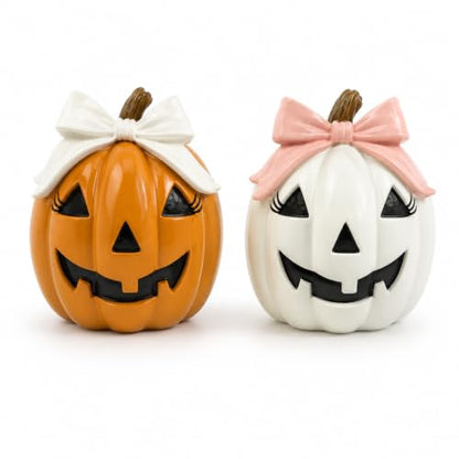 Set of 2 Bow Pumpkin Figurines for Halloween Decor (Bowknot Pumpkin)