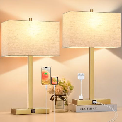 21" Set of 2 Touch Control Table Lamps with 2 USB & AC Outlets