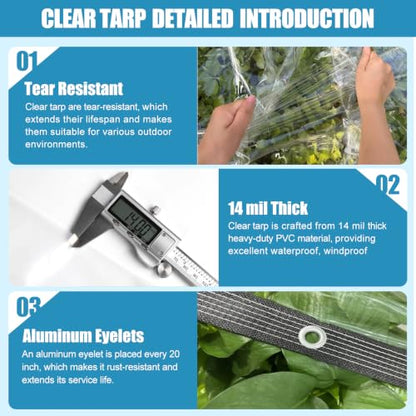 Clear Tarp Heavy Duty Waterproof Clear Vinyl Tarp 14mil Clear Tarps with Grommets Thickened Tear