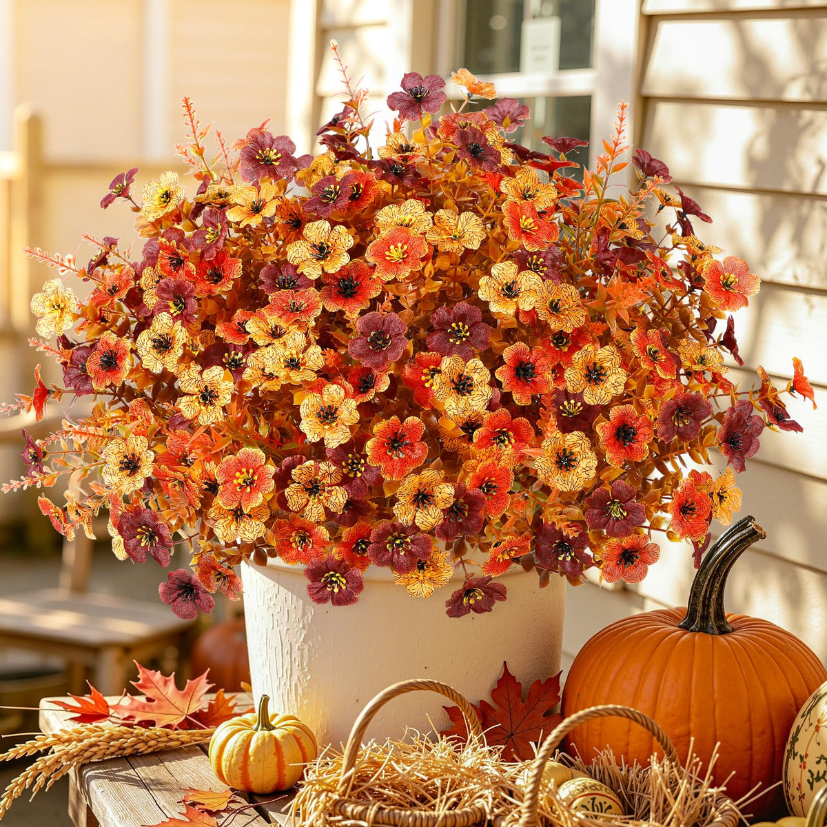 48Pcs Artificial Fall Flowers UV Resistant Fake Mums for Outdoors (Orange Yellow Brown)