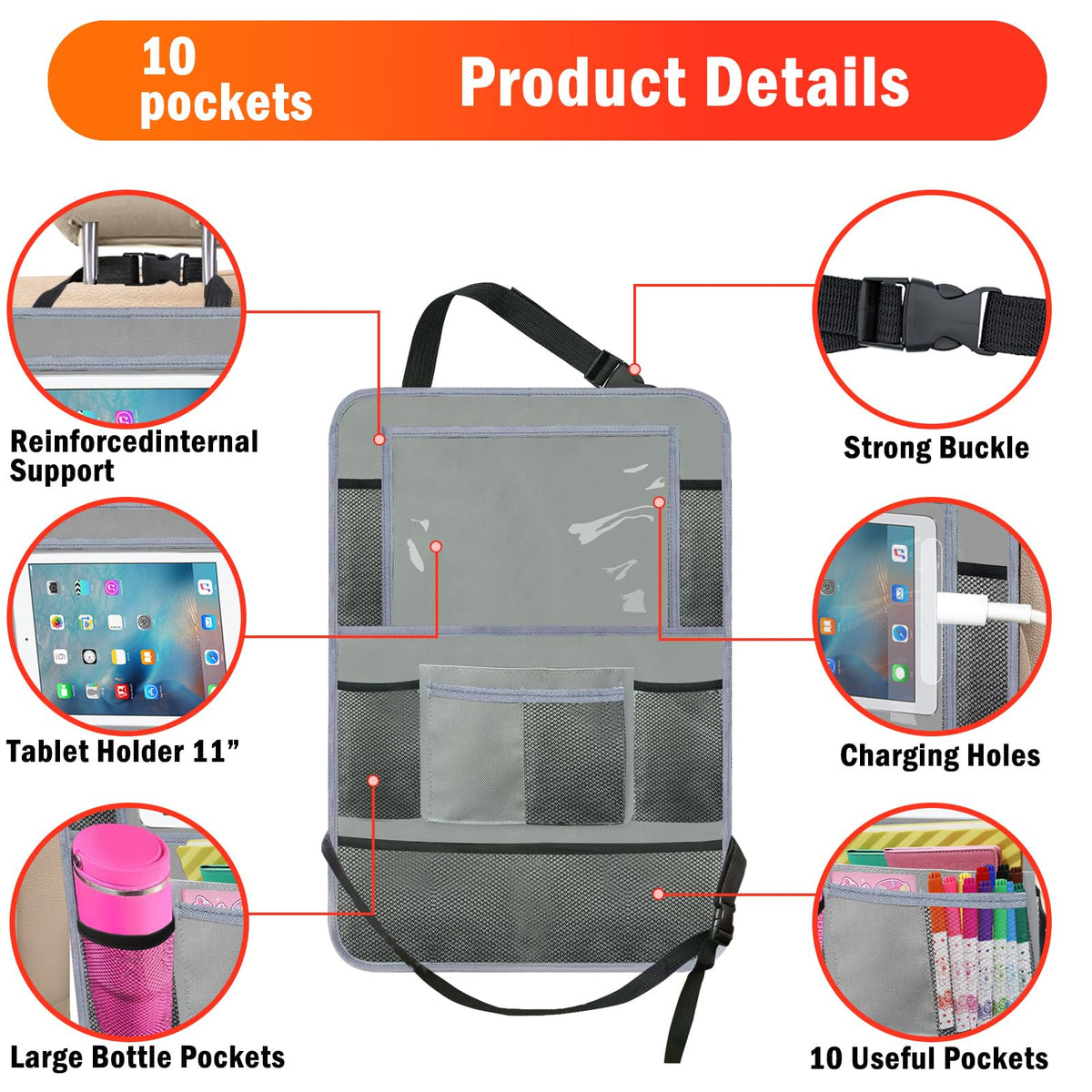 Backseat Car Organizer (Grey / 2 Pack without Food Tray)