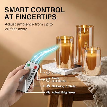 Moving Flame Glass Flameless Pillar Candles with Remote Set of 3