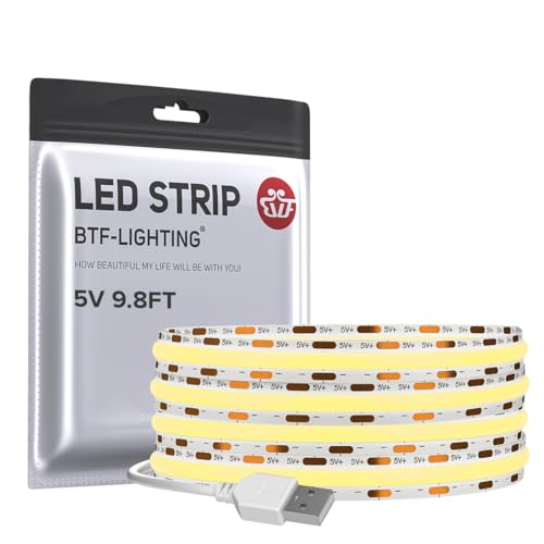FCOB 5V USB Powered Warm White 2700K COB LED Strip Lights (Warm White 2700K / 9.8FT)