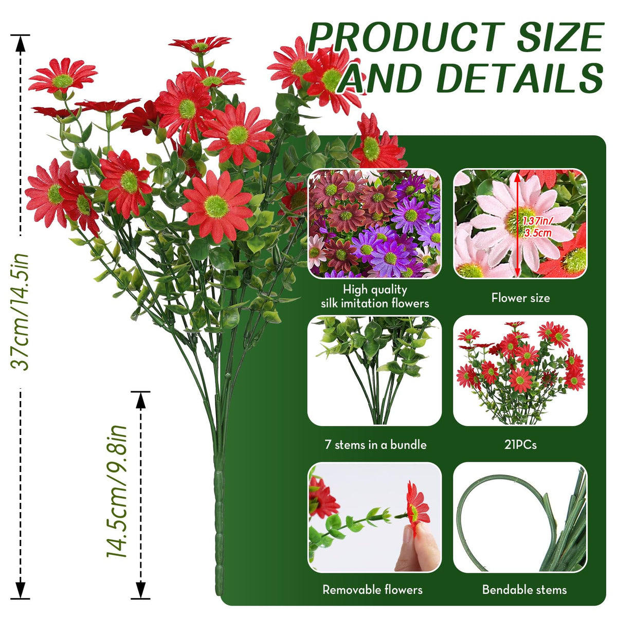 40 Bundles Artificial Daisies Flowers Fake Silk Plant for Indoor Outdoor Decor (Redpurplebrownpink)