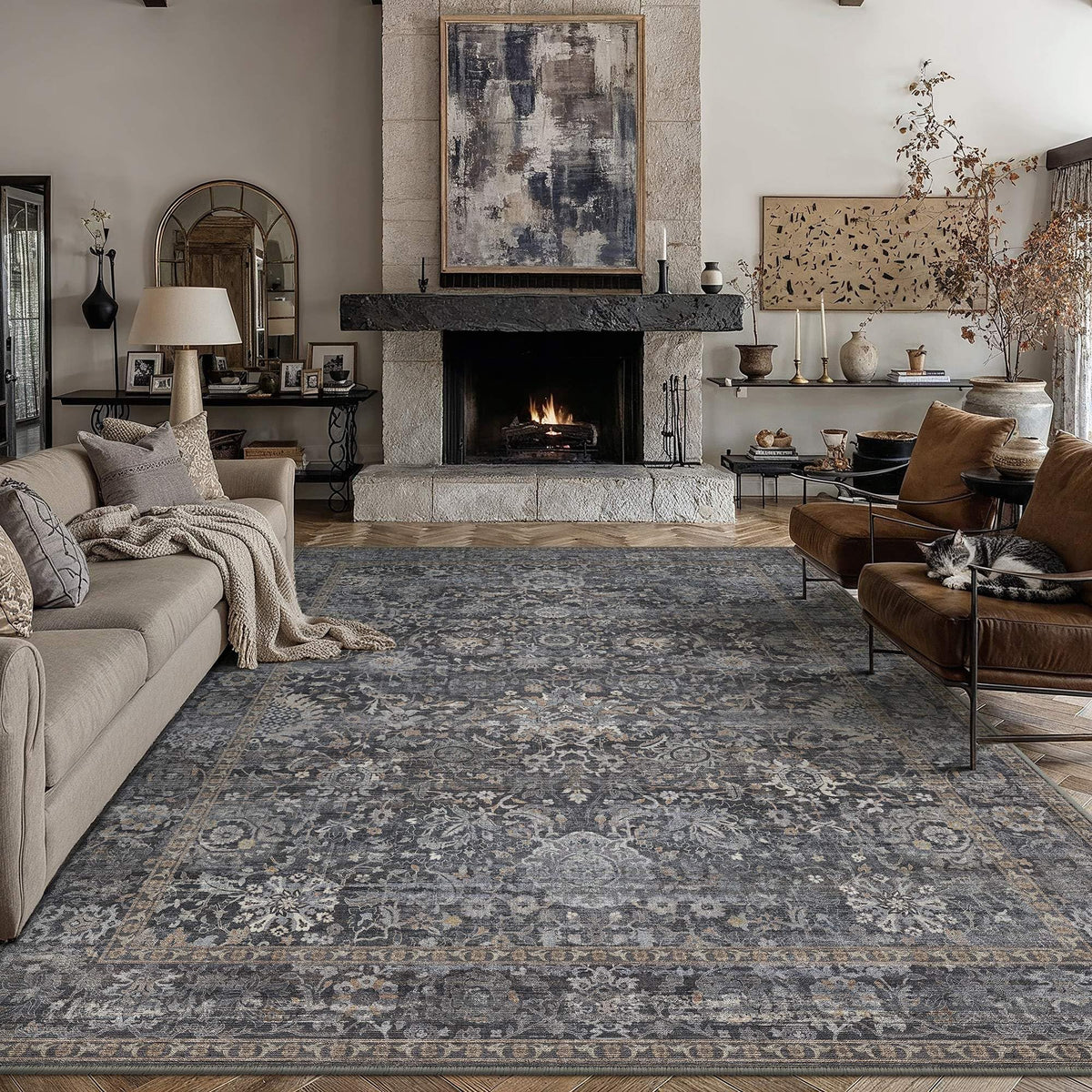 Area Rugs 6x9 Navy Blue Vintage Rug for Living Room (Retro | Blue / 6' x 9' (Rectangular))
