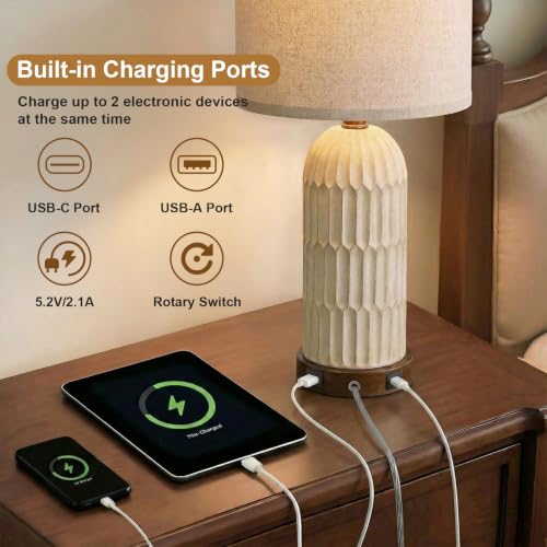 Table Lamp Set of 2 for Bedroom Living Room with USB A+C Charging Ports Modern Farmhouse Bedside End Lamps Rustic Nightstand Lamps