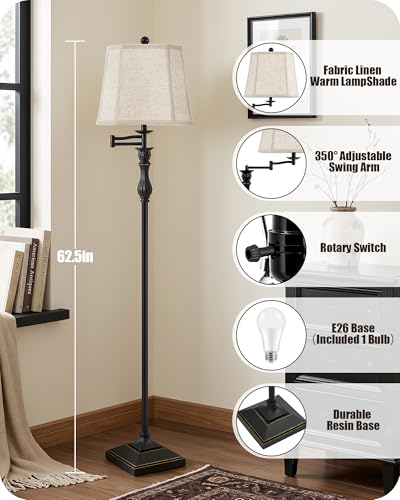 62" Floor Lamps for Living Room with 350°Adjustable Swing Arm & Dimmable Colors Temperature Bulb