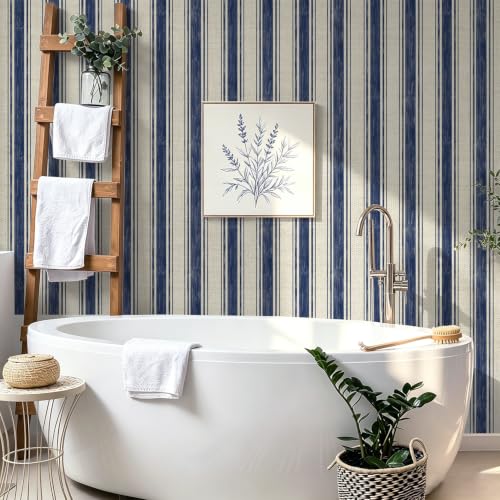 Wallpaper Peel and Stick Blue and Cream White Hand (Blue and Cream White / 17.3"W x 78.7"L)