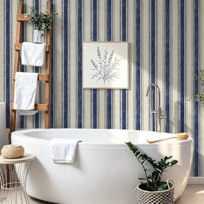 Wallpaper Peel and Stick Blue and Cream White Hand (Blue and Cream White / 17.3"W x 78.7"L)