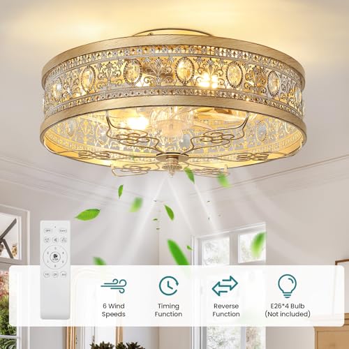 Caged Ceiling Fan with Lights 19" Gold Vintage Rustic Crystal Fandelier Farmhouse Ceiling Fan with Remote Low Profile Bladeless Chandelier Fan Light Fixture for Bedroom Kitchen Living Room (Gold / Flush Mount)