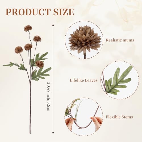 16 PCS Silk Mums Artificial Fall Flowers with Eucalyptus for Vase (Beige Brown)