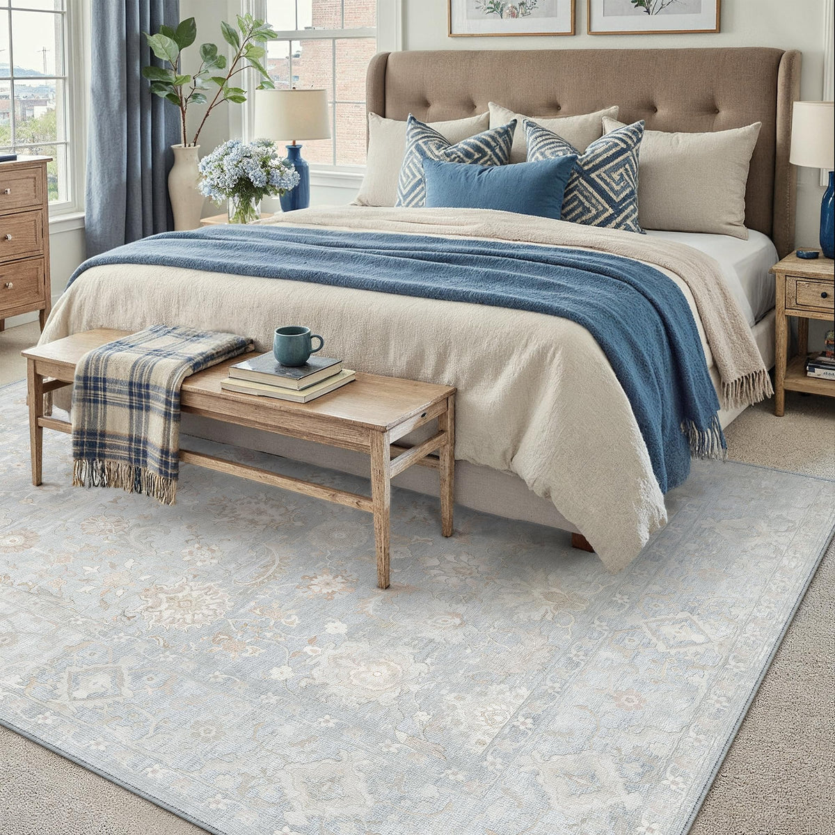 8x10 Blue Neutral Floral Area Rug (Neutral | Blue / 8' x 10' (Rectangular))