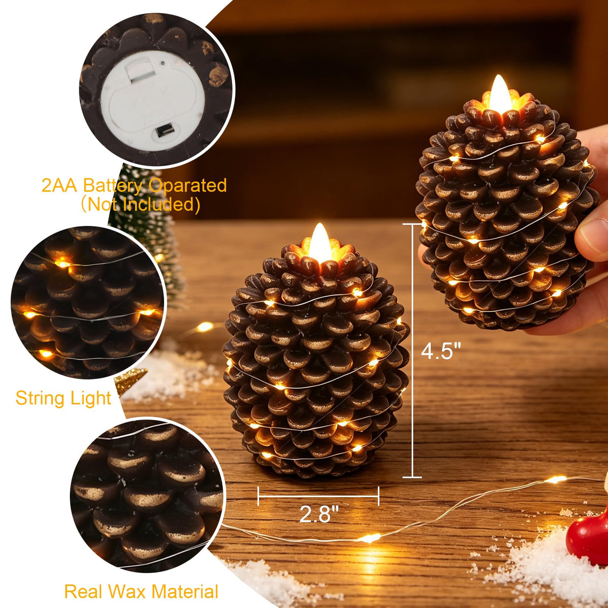 Pine Cone Flameless Candles with 6H Timer String Lights (2-Gold)