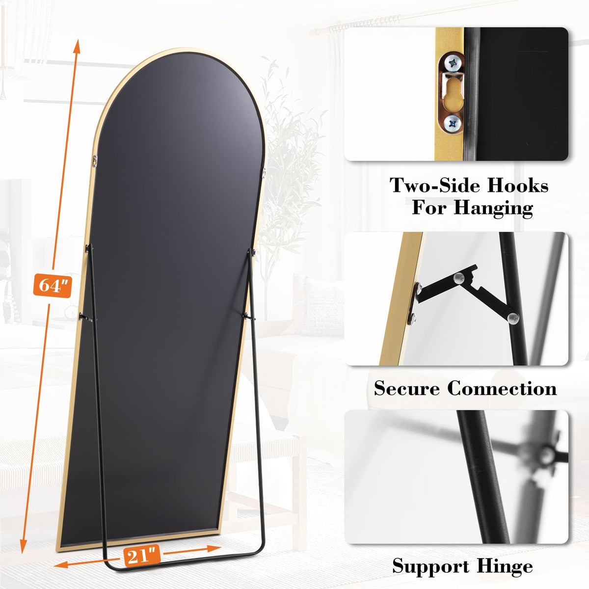 64"x21" Arched Full Length Mirror with Stand (Gold-arched / 64"L x 21"W)