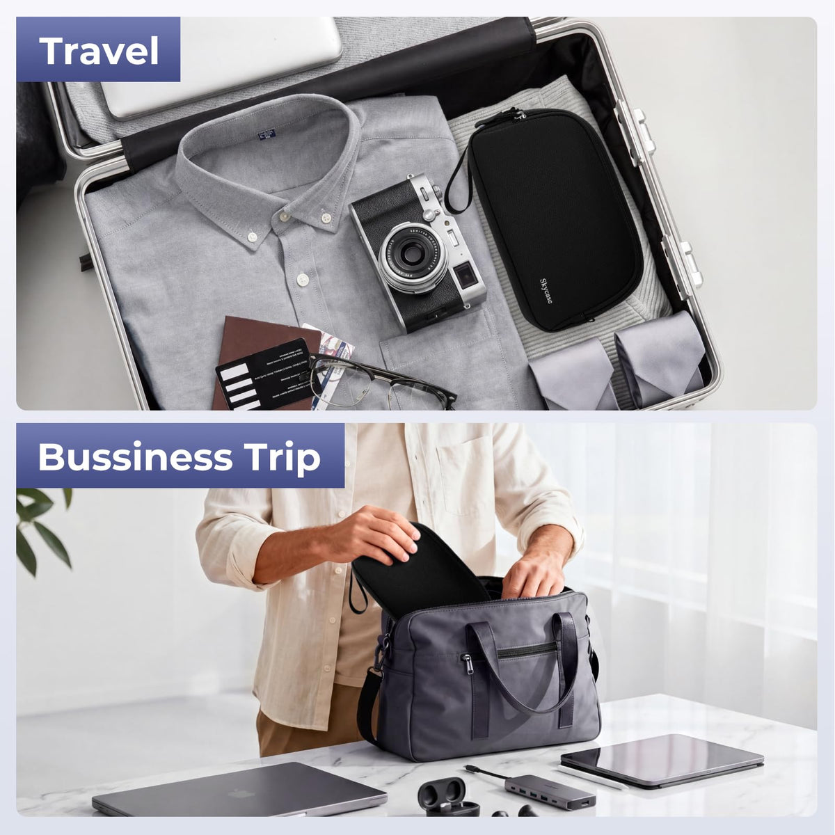 Electronics Travel Organizer 9 Compartment Dual Layer Tech Pouch Lightweight Water Resistant Travel Cable Organizer Bag for Chargers Cords Phone Power Bank Tech Essentials and Daily Items (Black / L)