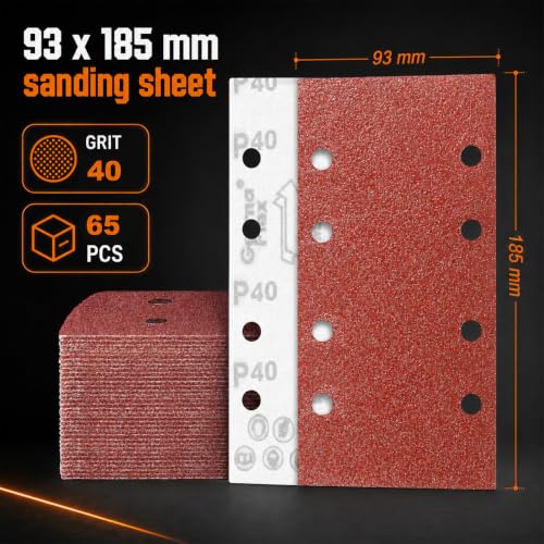 65 PCS 1 3 Sandpaper Sheets 40 Grit 8 Hole (GRIT 40 / 3.6 x 7.3 INCH)