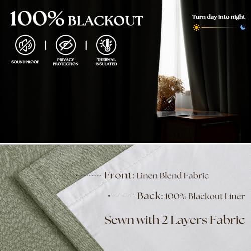 Sage Green Pinch Pleated 100% Blackout Linen Bedroom 90 Inch Curtains (Sage Green / 50"W x 90"L (Pack of 2))