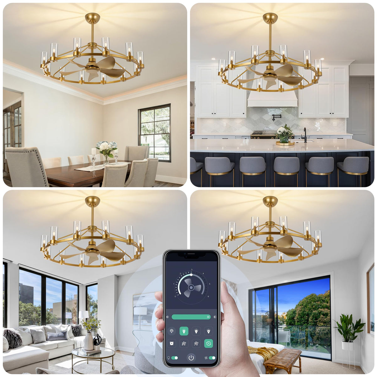44" Wagon Wheel Chandelier Ceiling Fan with 12 Lights (Gold)