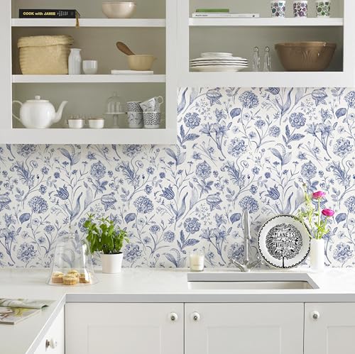 White and Blue Floral Peel and Stick Wallpaper Vintage 17in x 197in (Blue / 16.9" x 196.8")